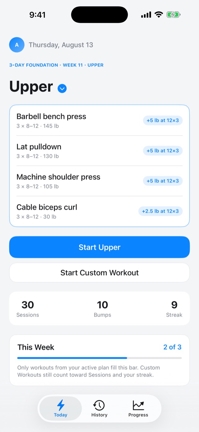 BUMP: today's workout, each lift showing the weight to beat
